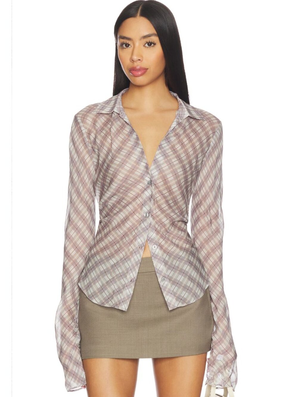 EAVES Vienna Top in Lavender Plaid Purple White Long Sleeve Button Up Blouse
